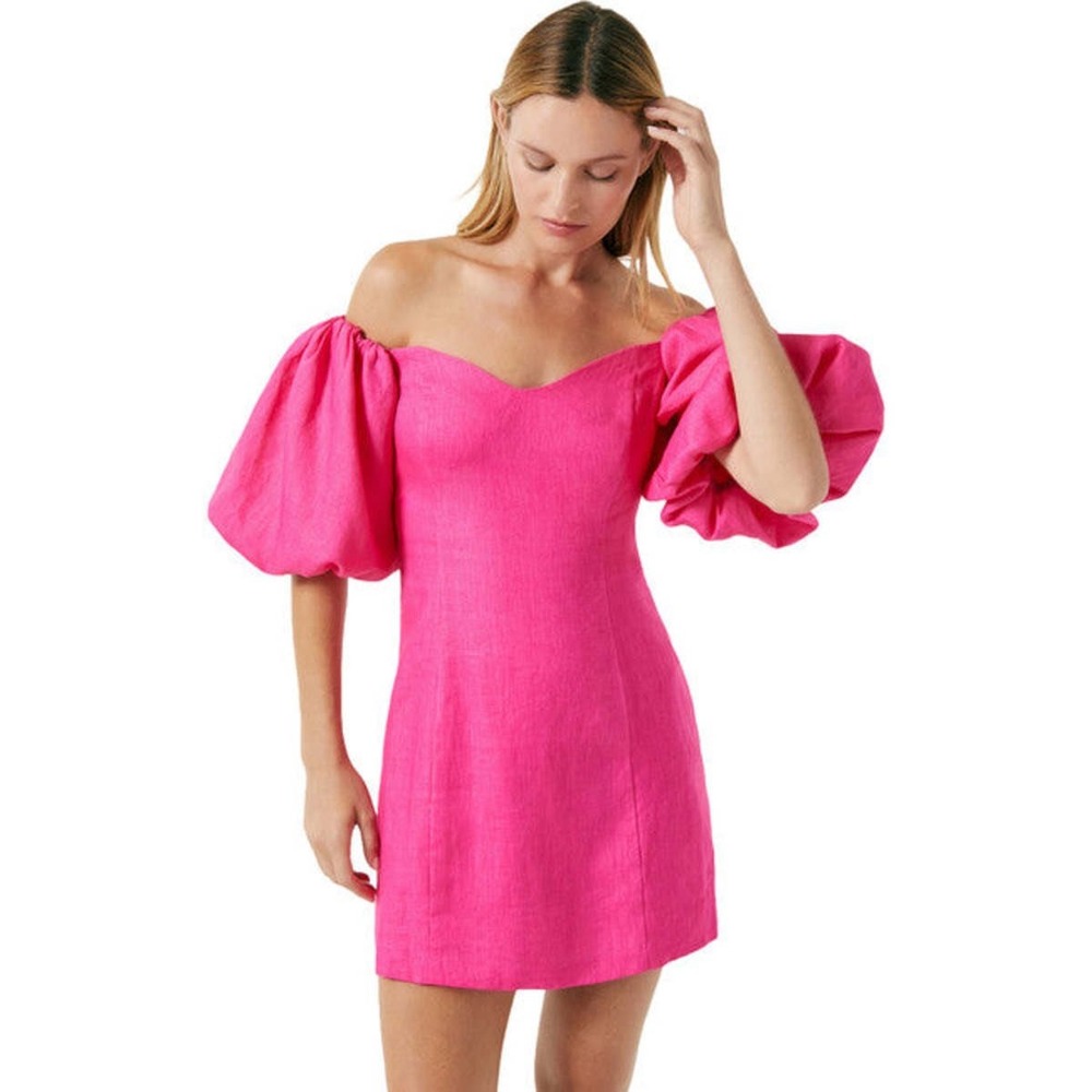 NWT Rhode Dali Mini Dress Hot Pink Linen Puff Sleeve Off Shoulder Sweetheart 2